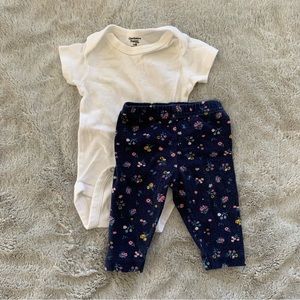 Blue floral leggings + white onesie